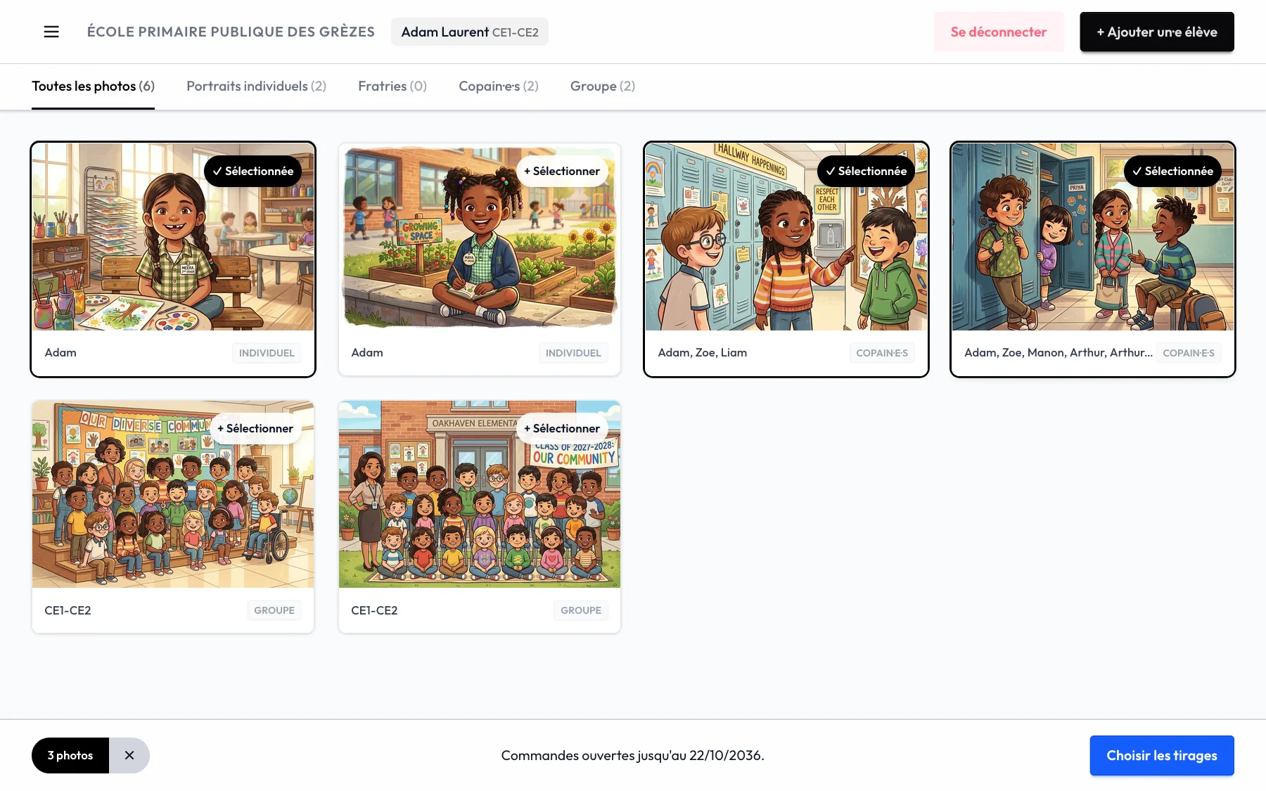 La boutique des familles : les photos d'un élève, avec trois photos sélectionnées pour la commande