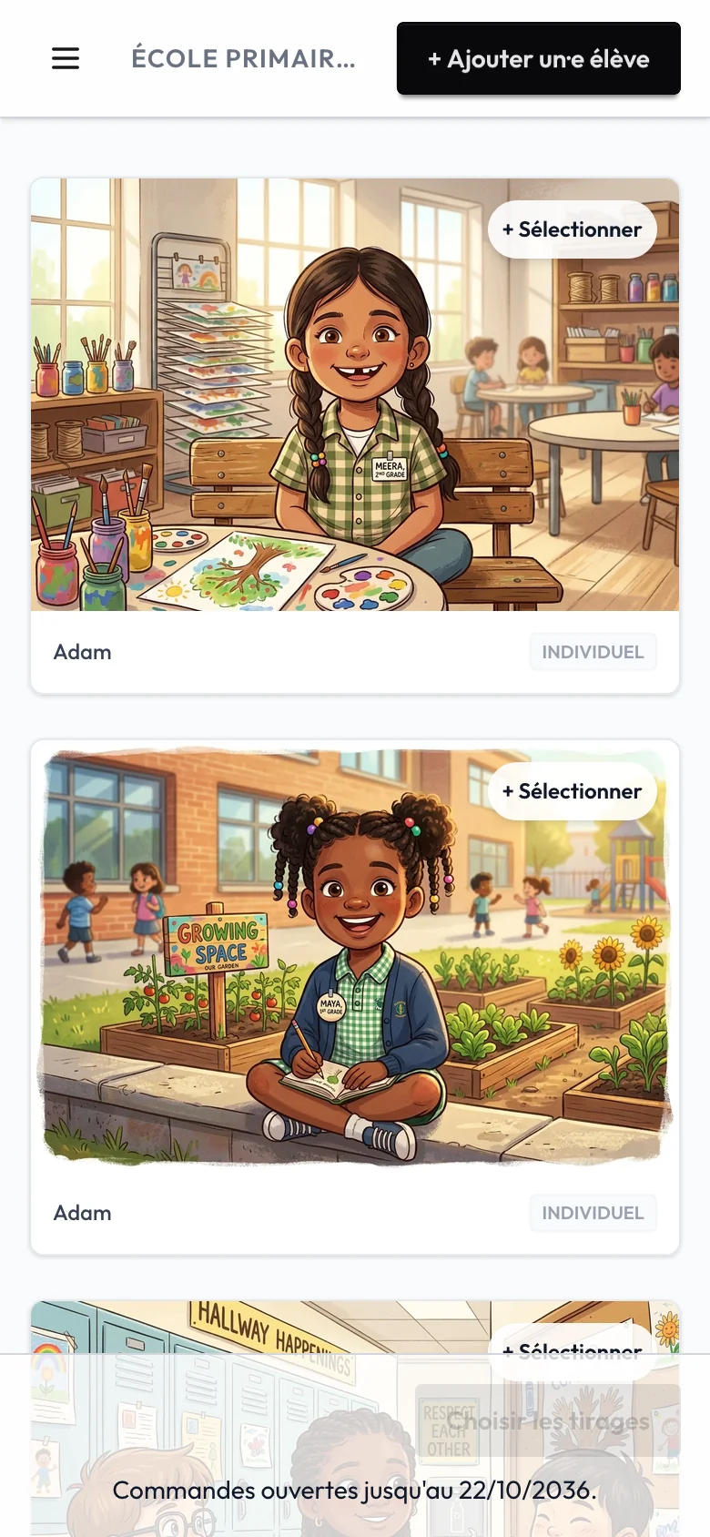 La liste des photos d'un élève, sur téléphone