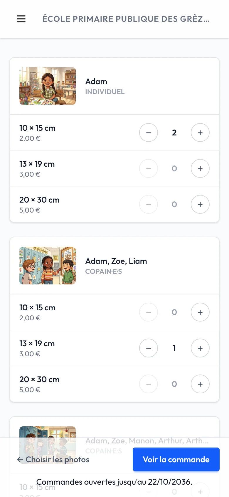 Le choix des formats et des quantités, sur téléphone